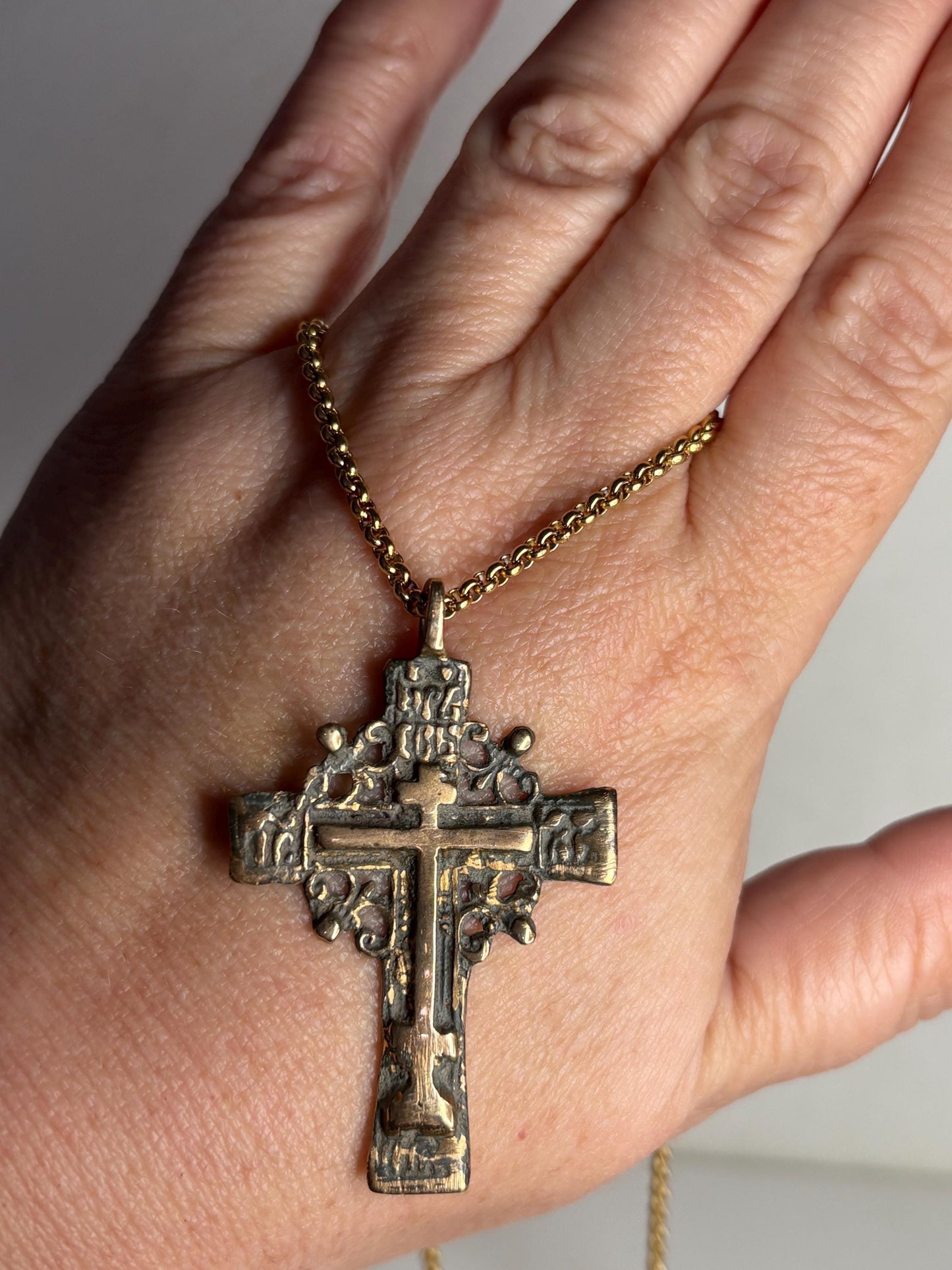 Large ancient Russian Orthodox bronze cross pendant on an 18" gold-plated chain.
