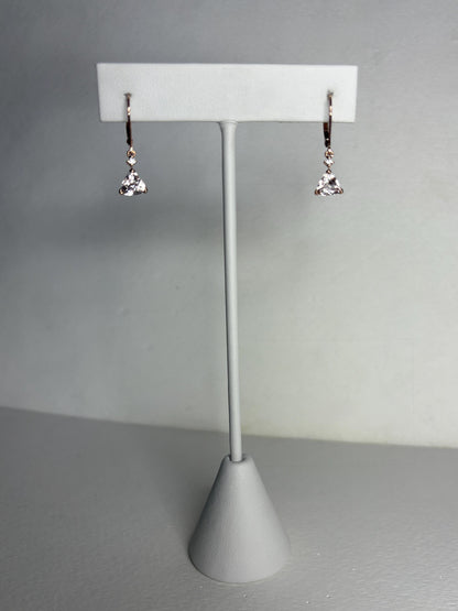 Rose gold dangle earrings with trillion morganite and diamond accents.