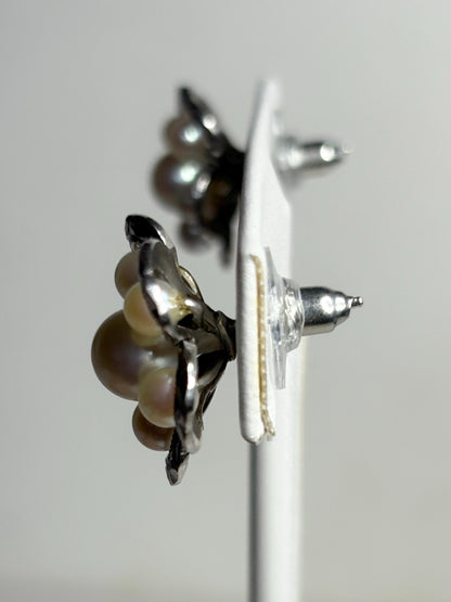 Vintage Japanese Akoya pearl cluster earrings in detailed sterling silver.