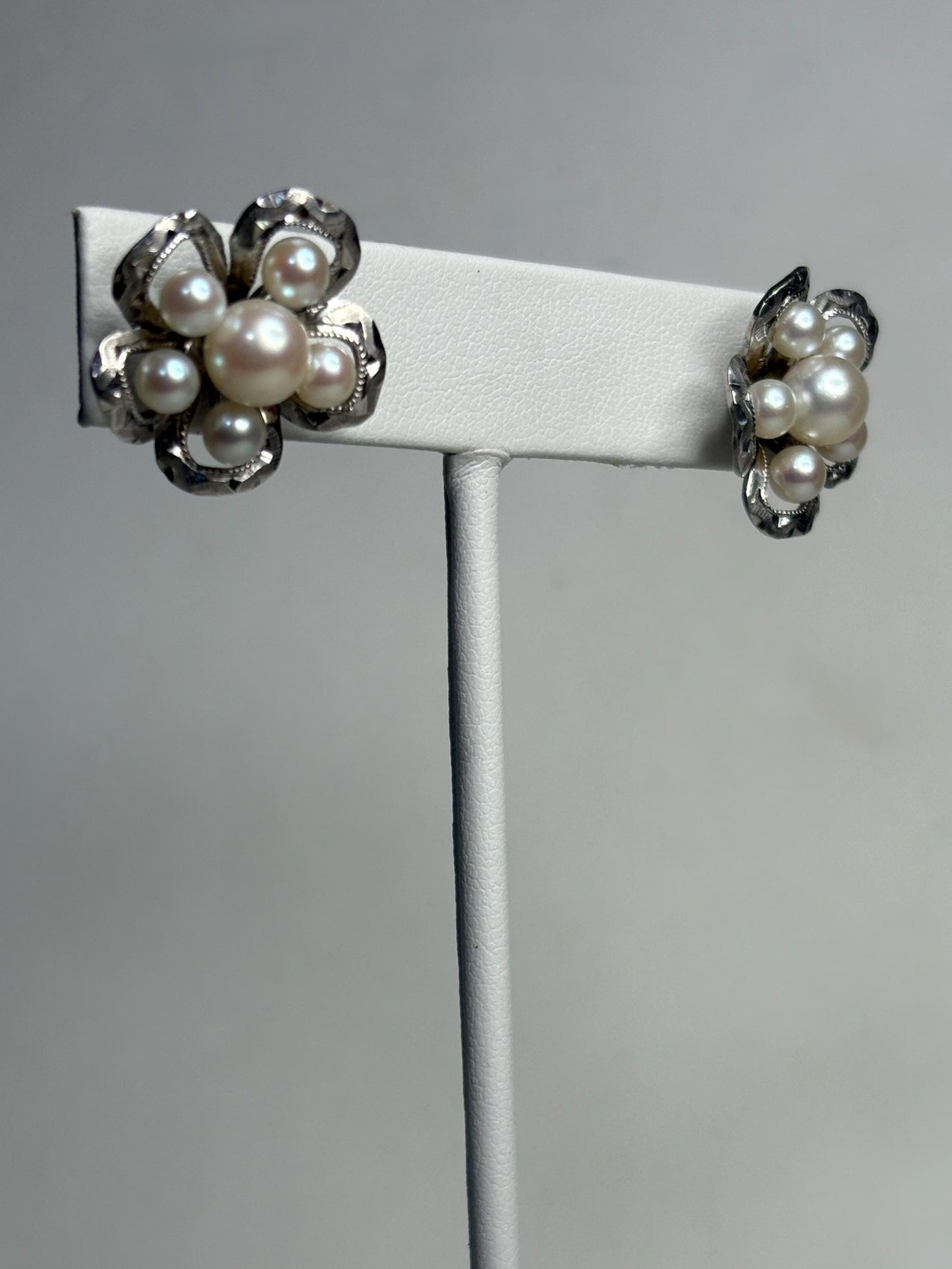 Vintage Japanese Akoya cultured pearl cluster earrings in detailed solid sterling silver.