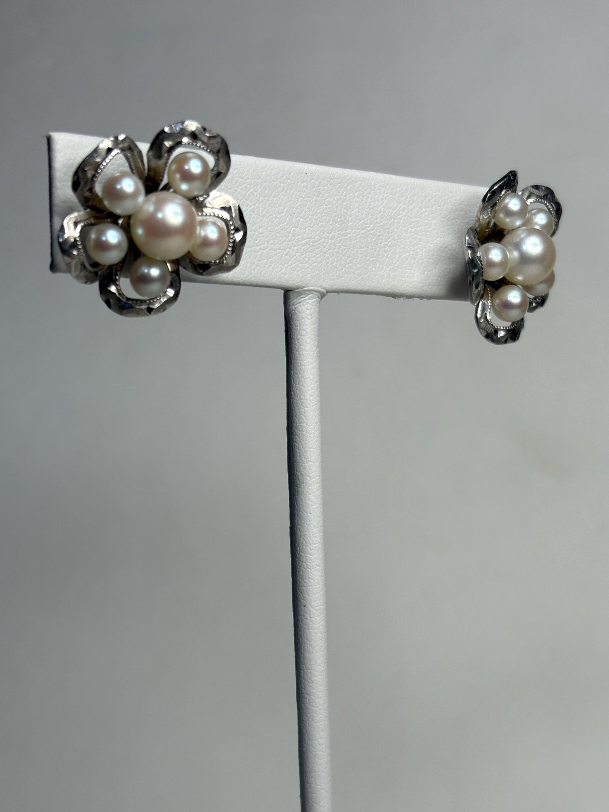 Vintage Japanese Akoya cultured pearl cluster earrings in detailed solid sterling silver.