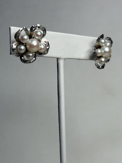 Vintage Japanese Akoya cultured pearl cluster earrings in detailed solid sterling silver.