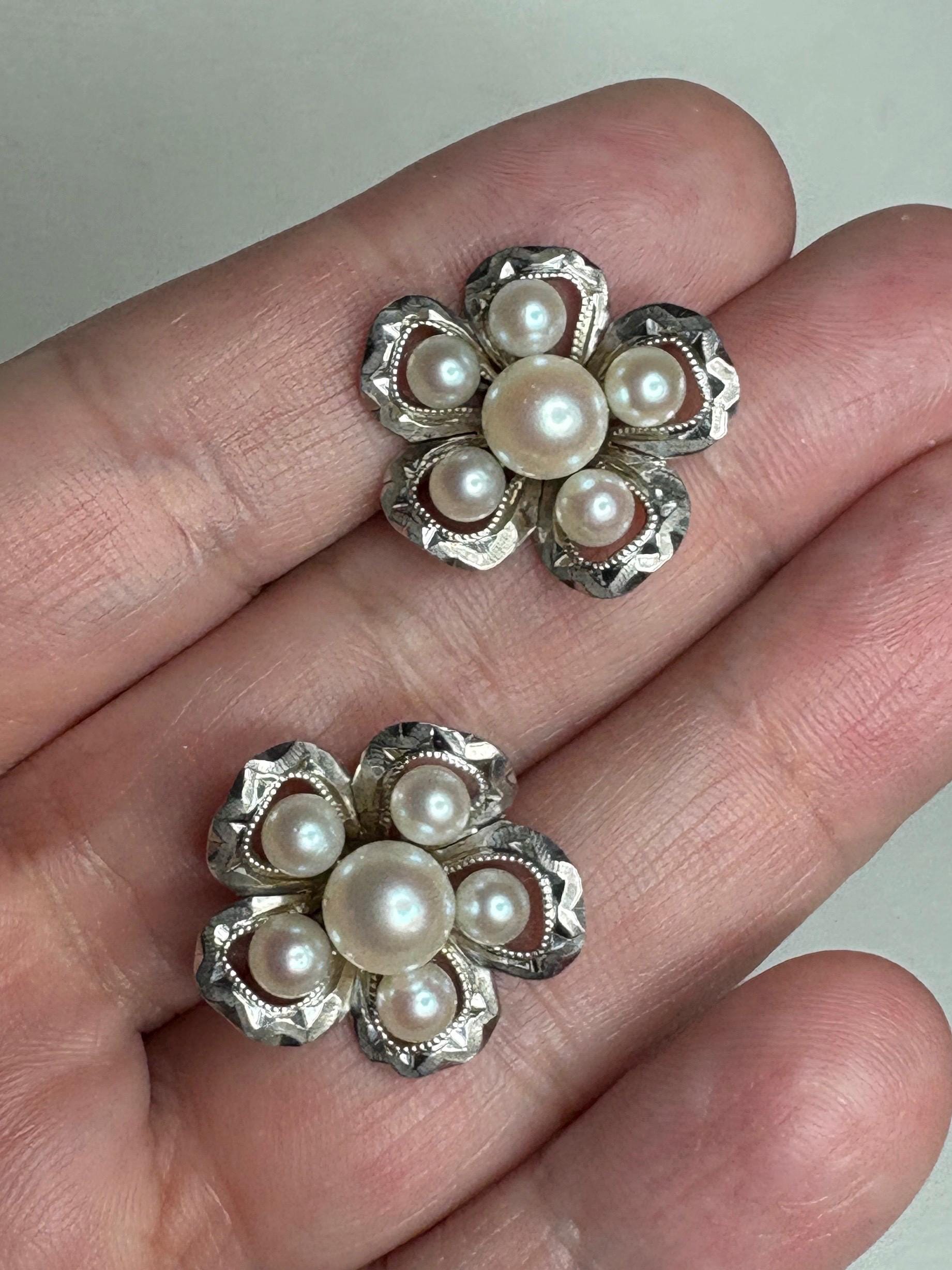 Vintage Japanese Akoya pearl cluster earrings in detailed sterling silver.