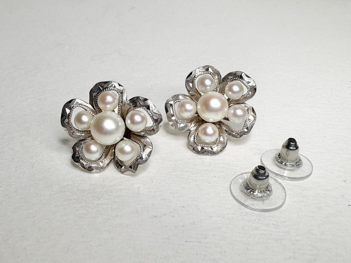 Vintage sterling silver flower earrings with Akoya cultured pearls.