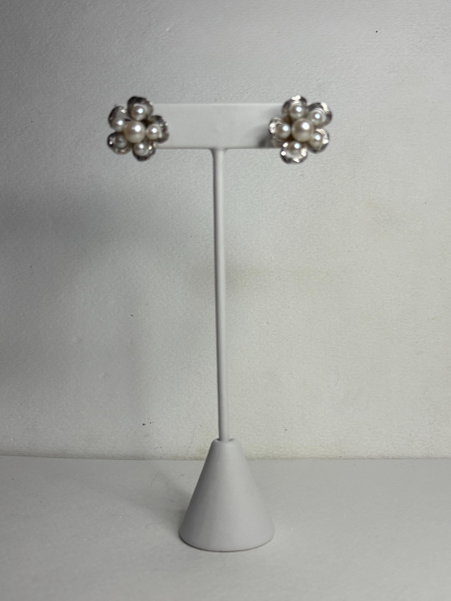 Vintage Japanese Akoya pearl cluster earrings in sterling silver.