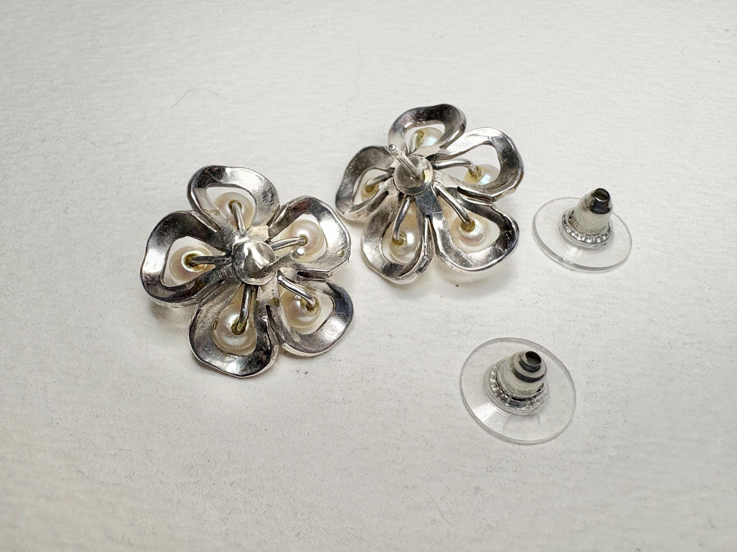Vintage Japanese Akoya cultured pearl cluster earrings in detailed solid sterling silver.