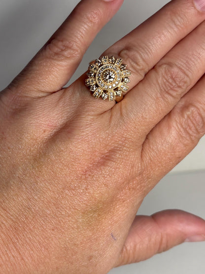 Bold 14k gold sunburst ring with champagne diamonds.