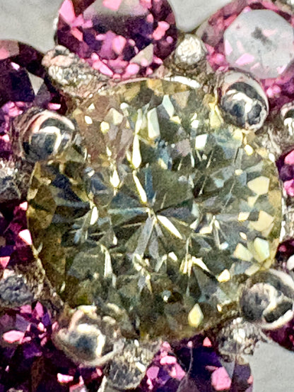 Sterling silver ring with a central Mali garnet surrounded by rhodolite garnets.