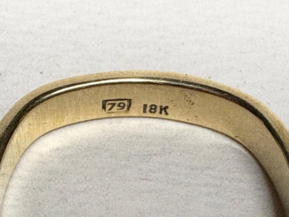 Solid 18k yellow gold hammered finish square band ring with "79 18K" stamp.