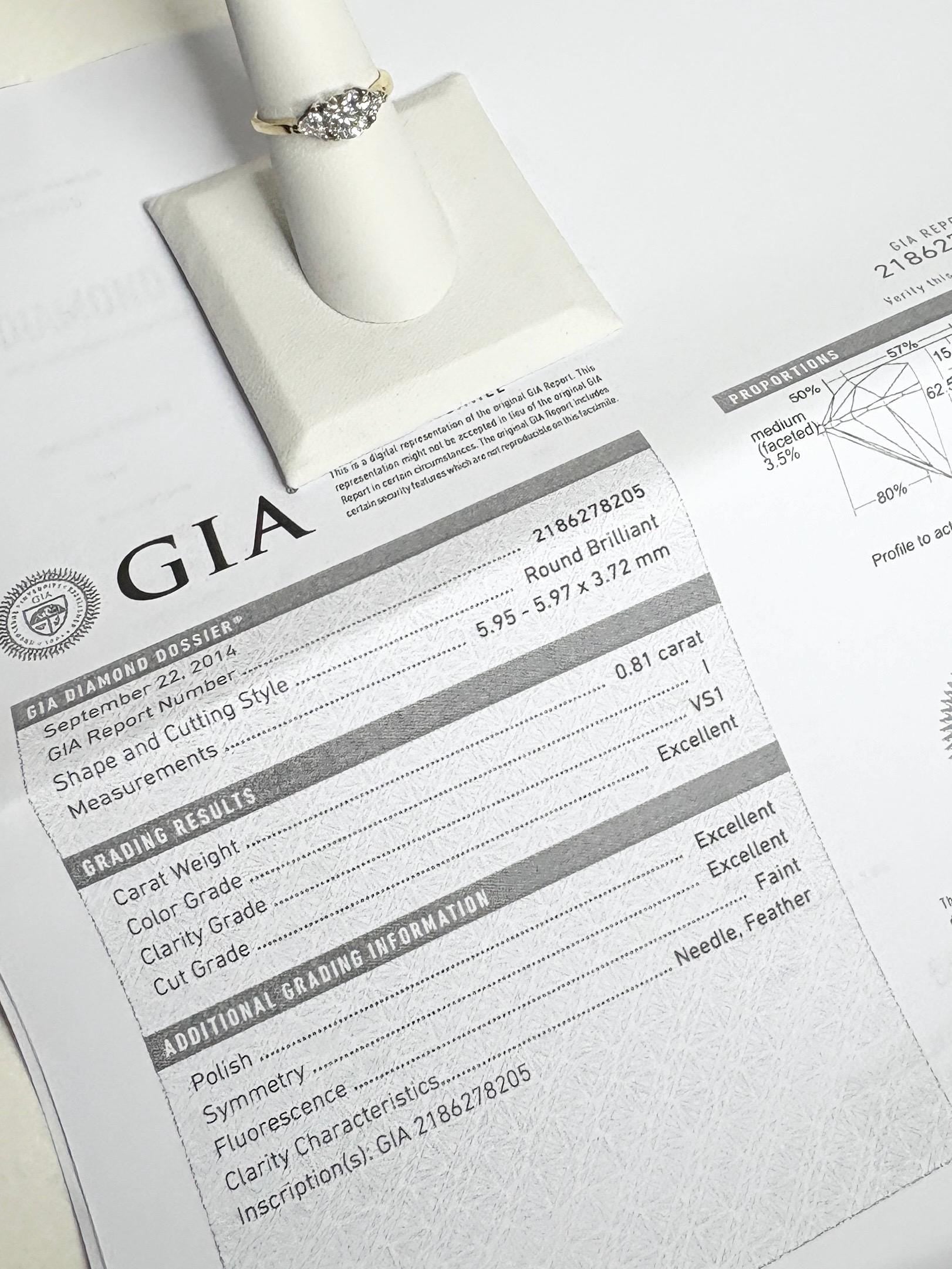 GIA certified .81ct round brilliant diamond ring with VS1 clarity and I color.