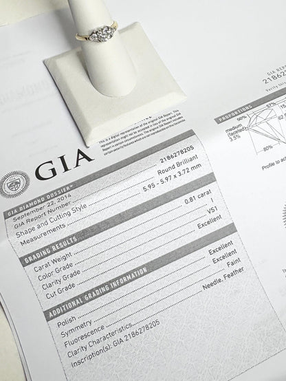 GIA certified .81ct round brilliant diamond ring with VS1 clarity and I color.