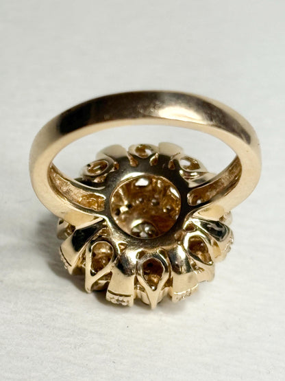 Bold natural champagne diamond sunburst style ring in solid 14k gold.