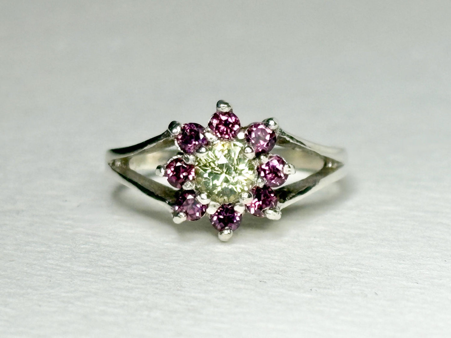 Sterling silver ring with a central Mali Grossular Andradite garnet surrounded by rhodolite garnets.