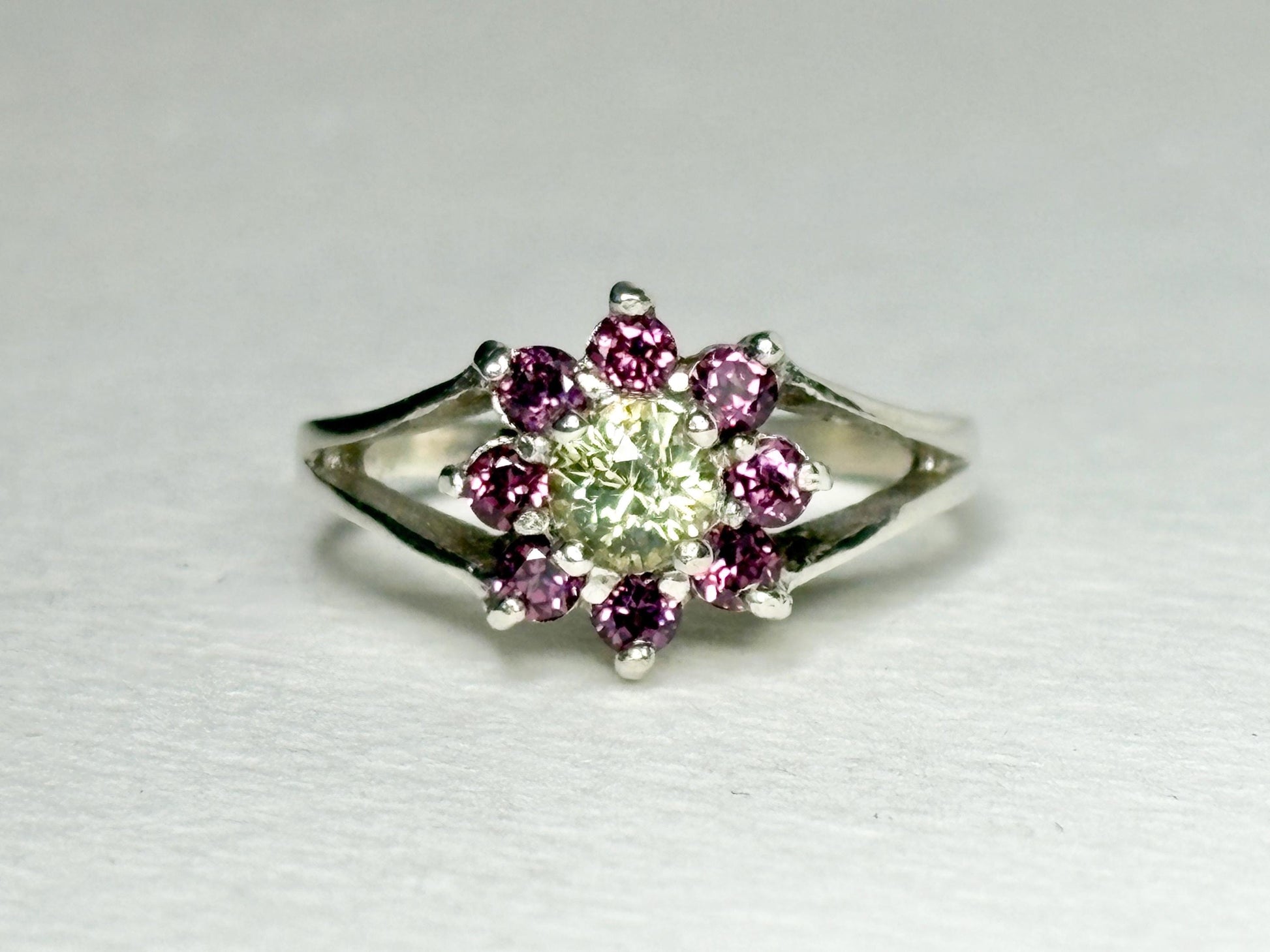 Sterling silver ring with a central Mali Grossular Andradite garnet surrounded by rhodolite garnets.