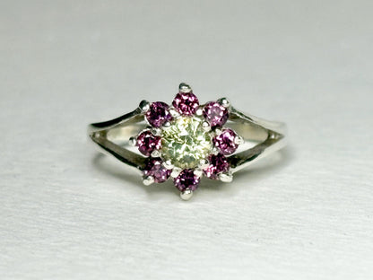 Sterling silver ring with a central Mali Grossular Andradite garnet surrounded by rhodolite garnets.