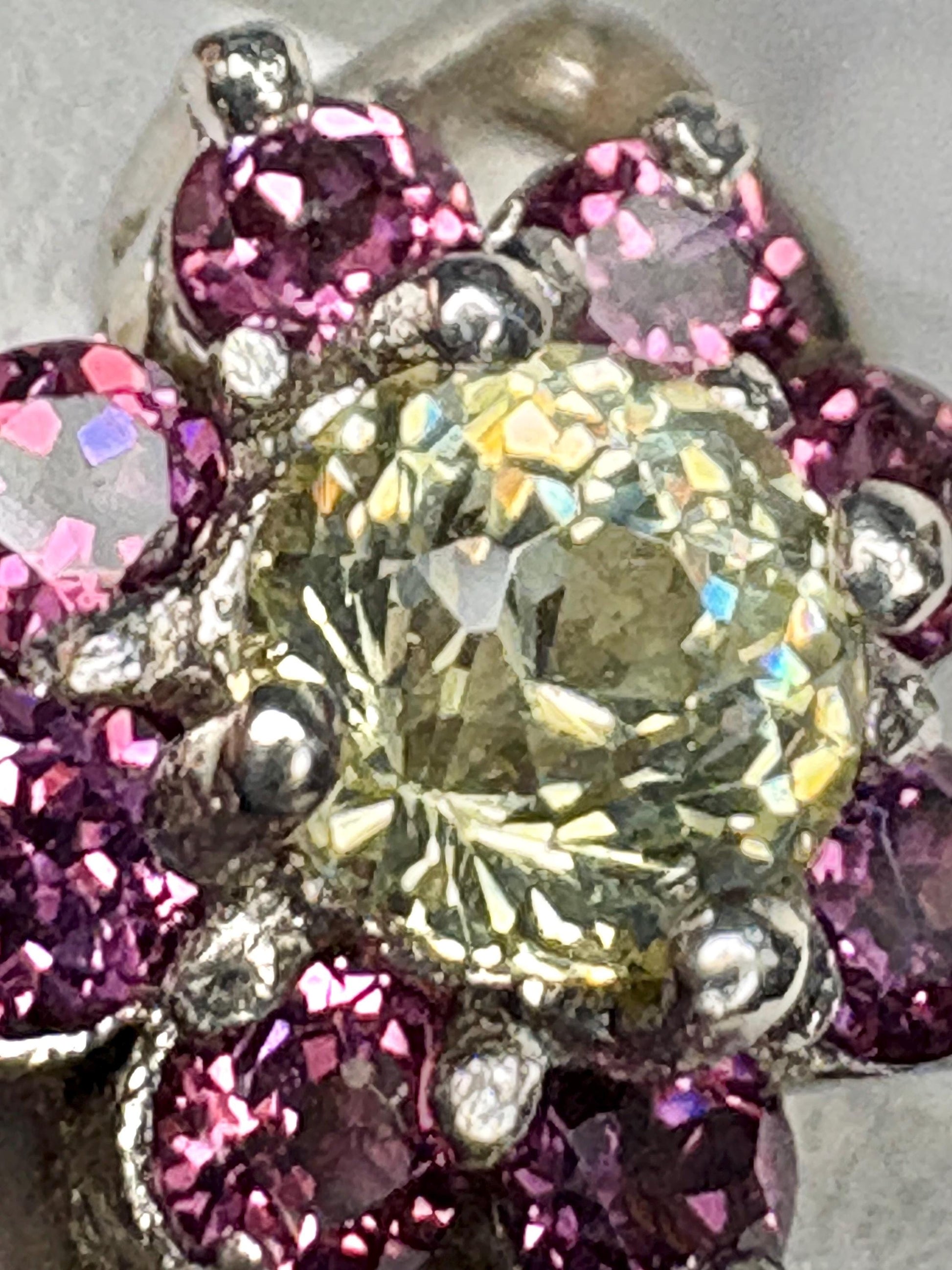 Sterling silver ring with a central Mali garnet surrounded by rhodolite garnets.