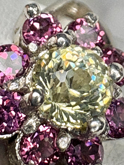 Sterling silver ring with a central Mali garnet surrounded by rhodolite garnets.