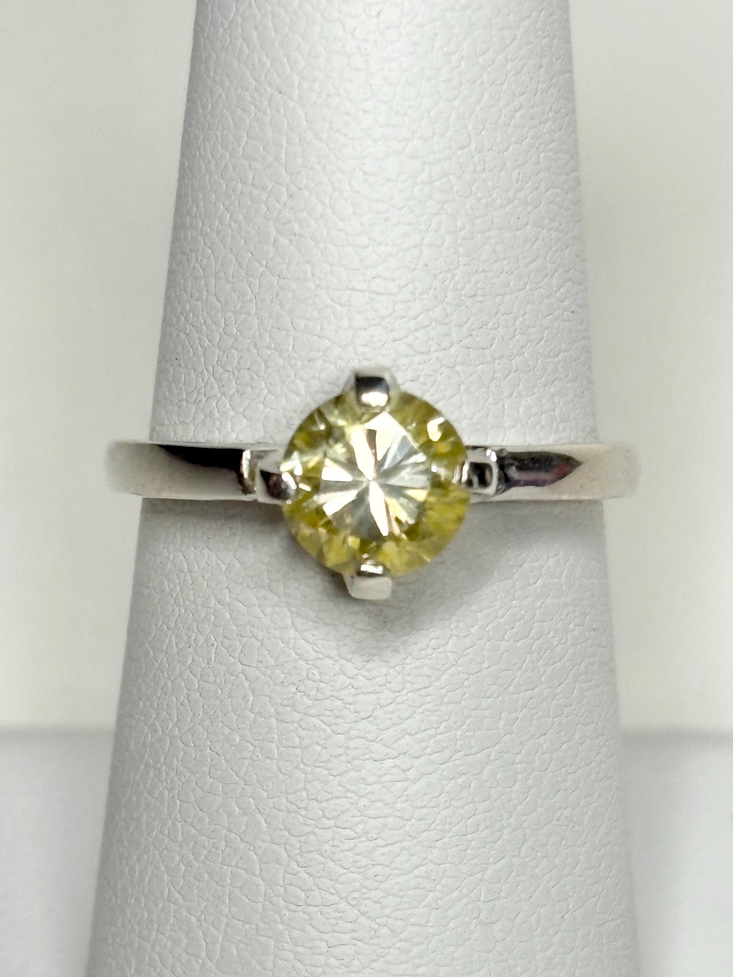 Yellow moissanite solitaire ring in sterling silver, size 7.