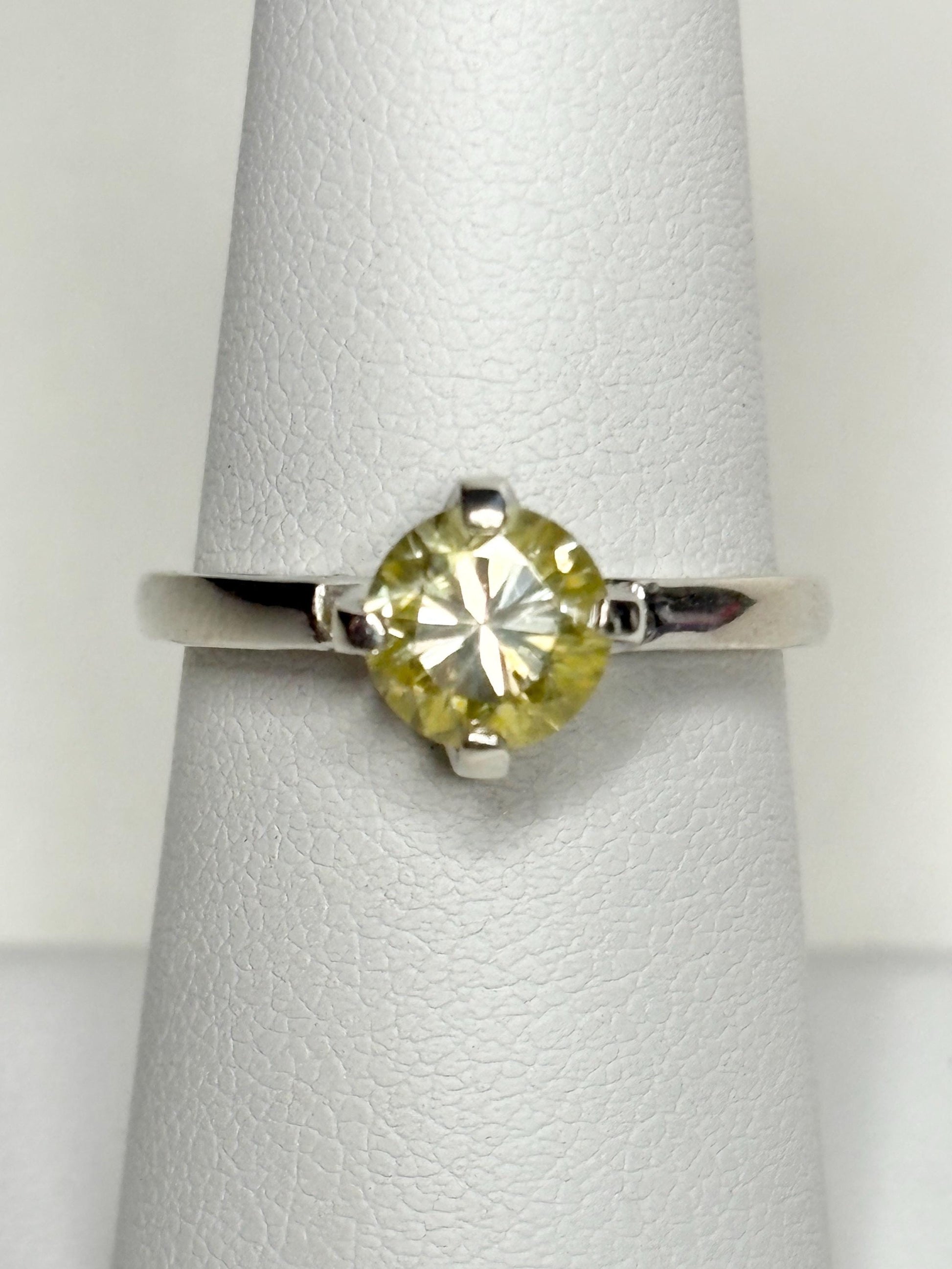 Yellow moissanite solitaire ring in sterling silver, size 7.