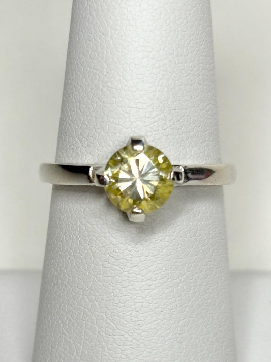 Yellow moissanite solitaire ring in sterling silver, size 7.