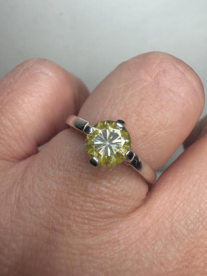 Yellow moissanite solitaire ring in sterling silver, size 7.