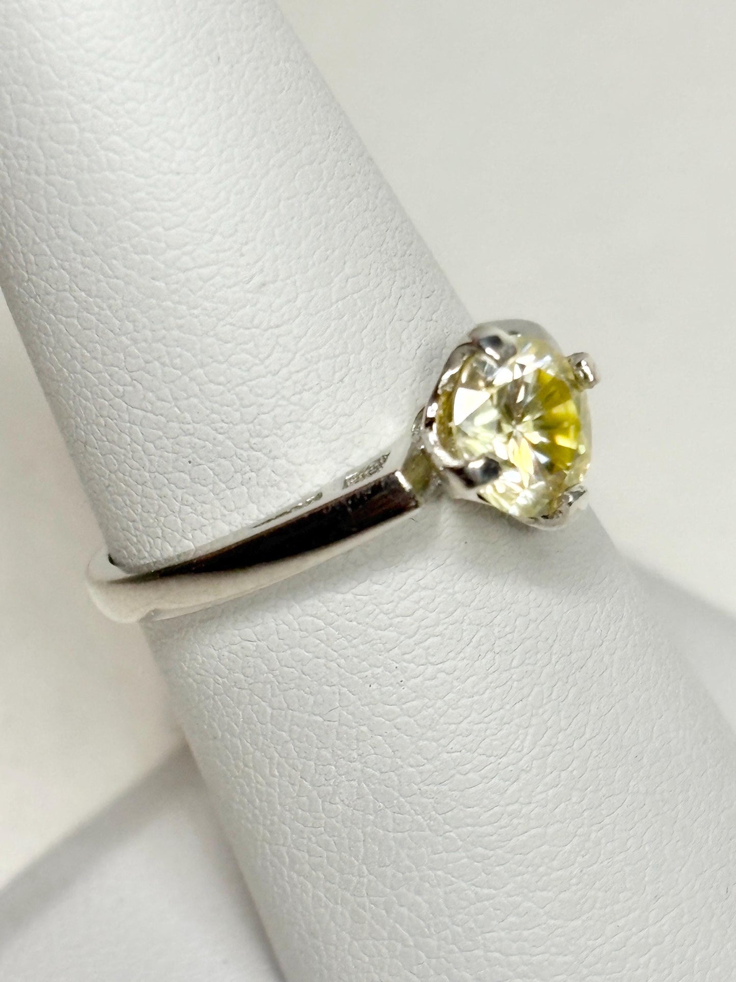 Yellow moissanite solitaire ring in sterling silver, size 7.