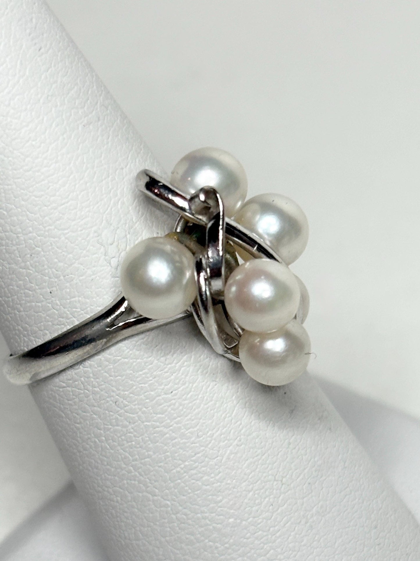 Sterling silver ring with a cluster of six Akoya cultured pearls.