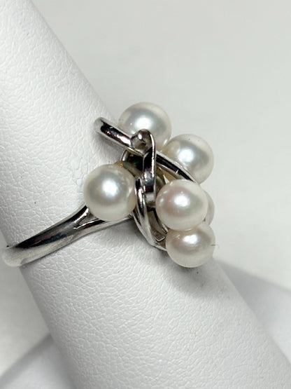 Sterling silver ring with a cluster of six Akoya cultured pearls.