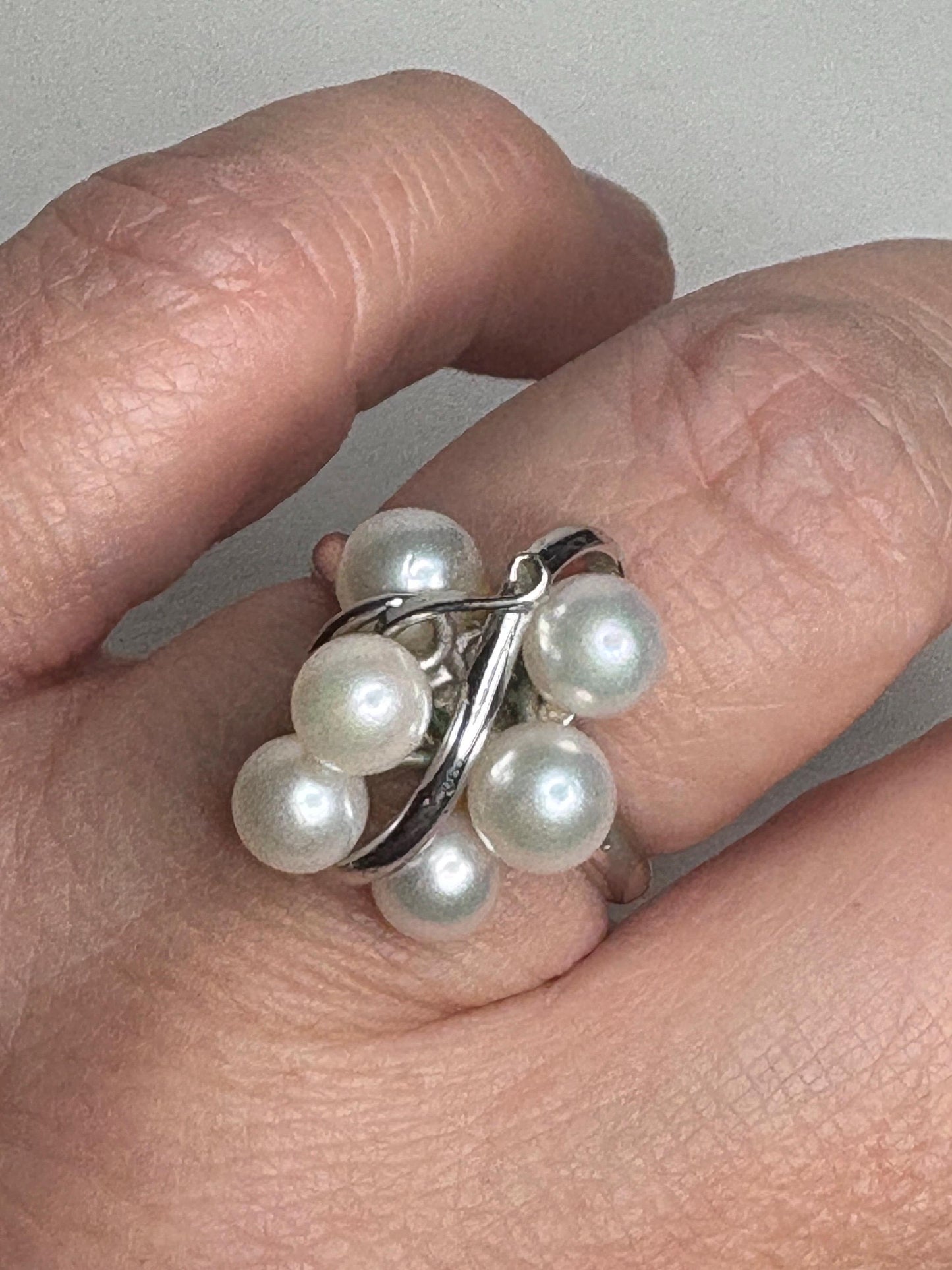 Retro Japanese Akoya cultured pearl cluster ring in sterling silver.