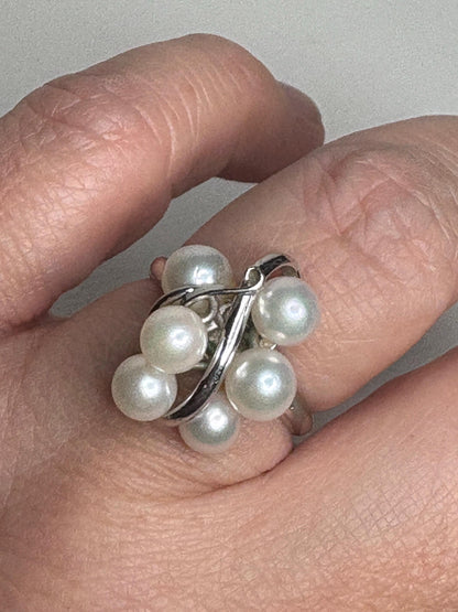 Retro Japanese Akoya cultured pearl cluster ring in sterling silver.