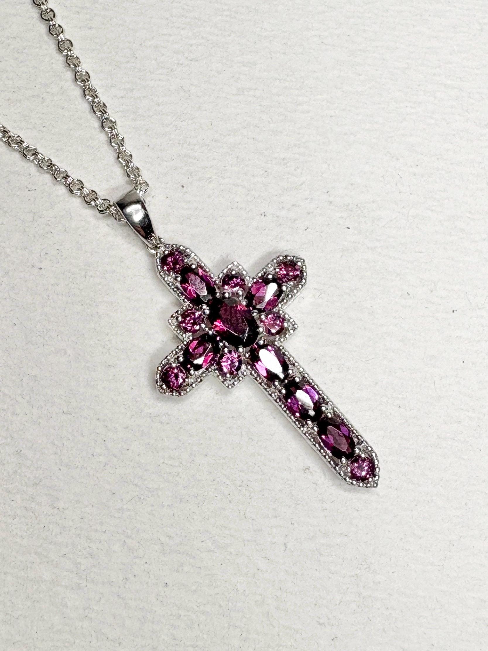 Sterling silver cross pendant necklace with rhodolite garnets.