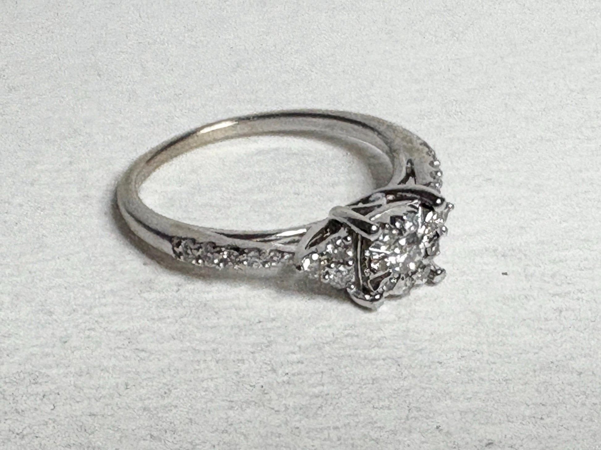 Squared diamond halo cluster engagement ring in solid 14k white gold.
