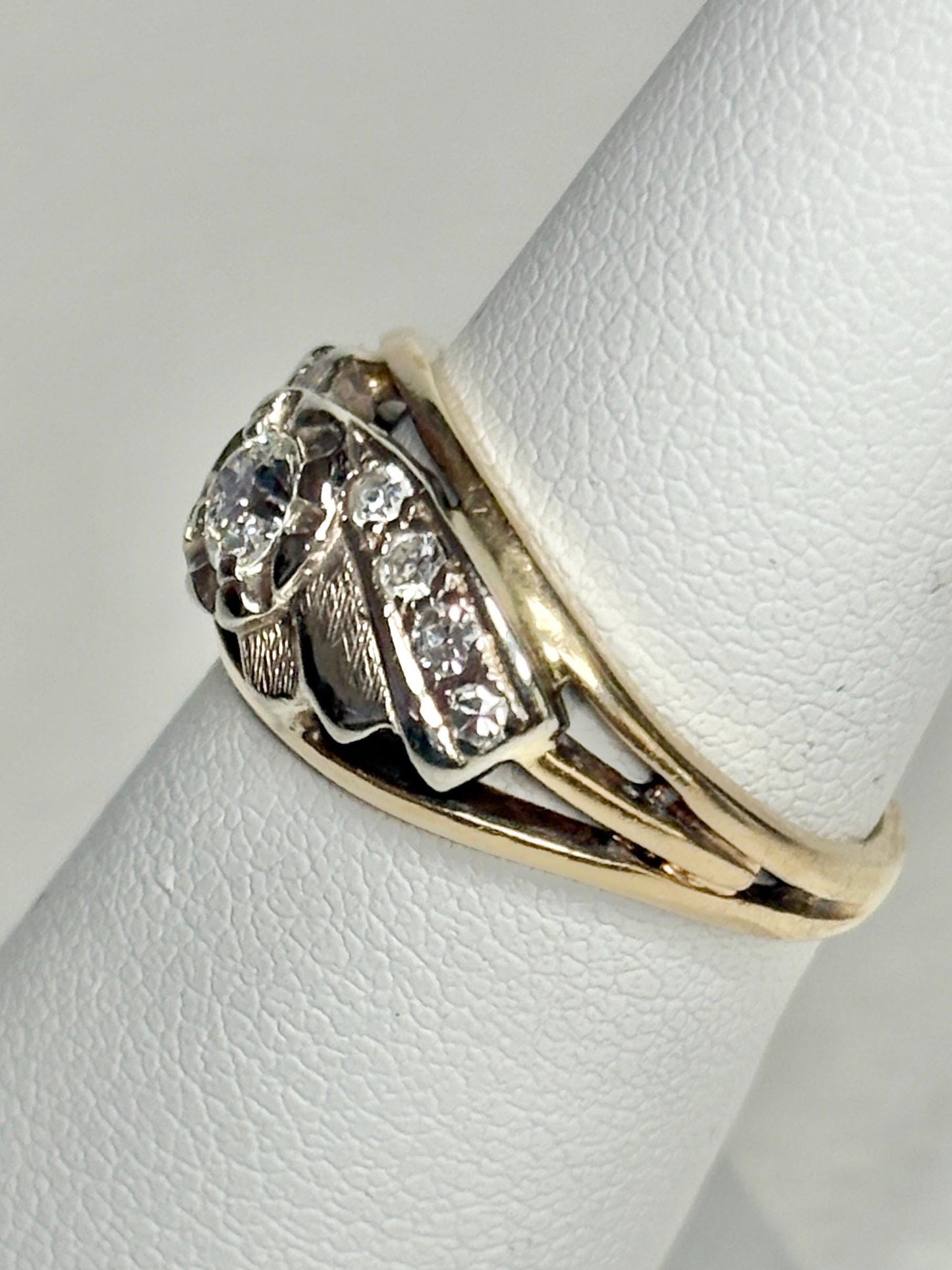 Mid-century two-tone 14k gold ring with diamonds.