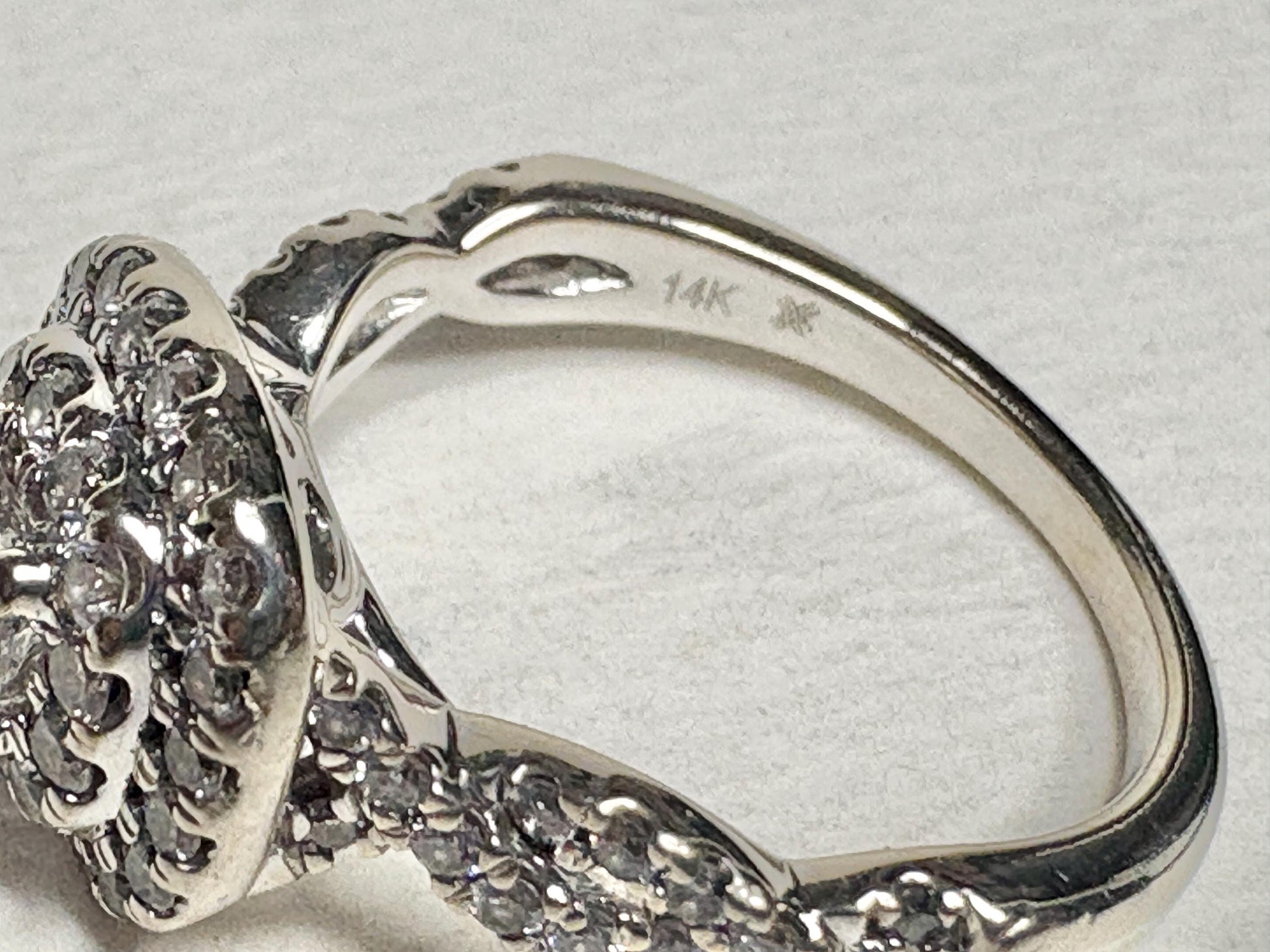 14k white gold ring with double halo of natural diamonds.