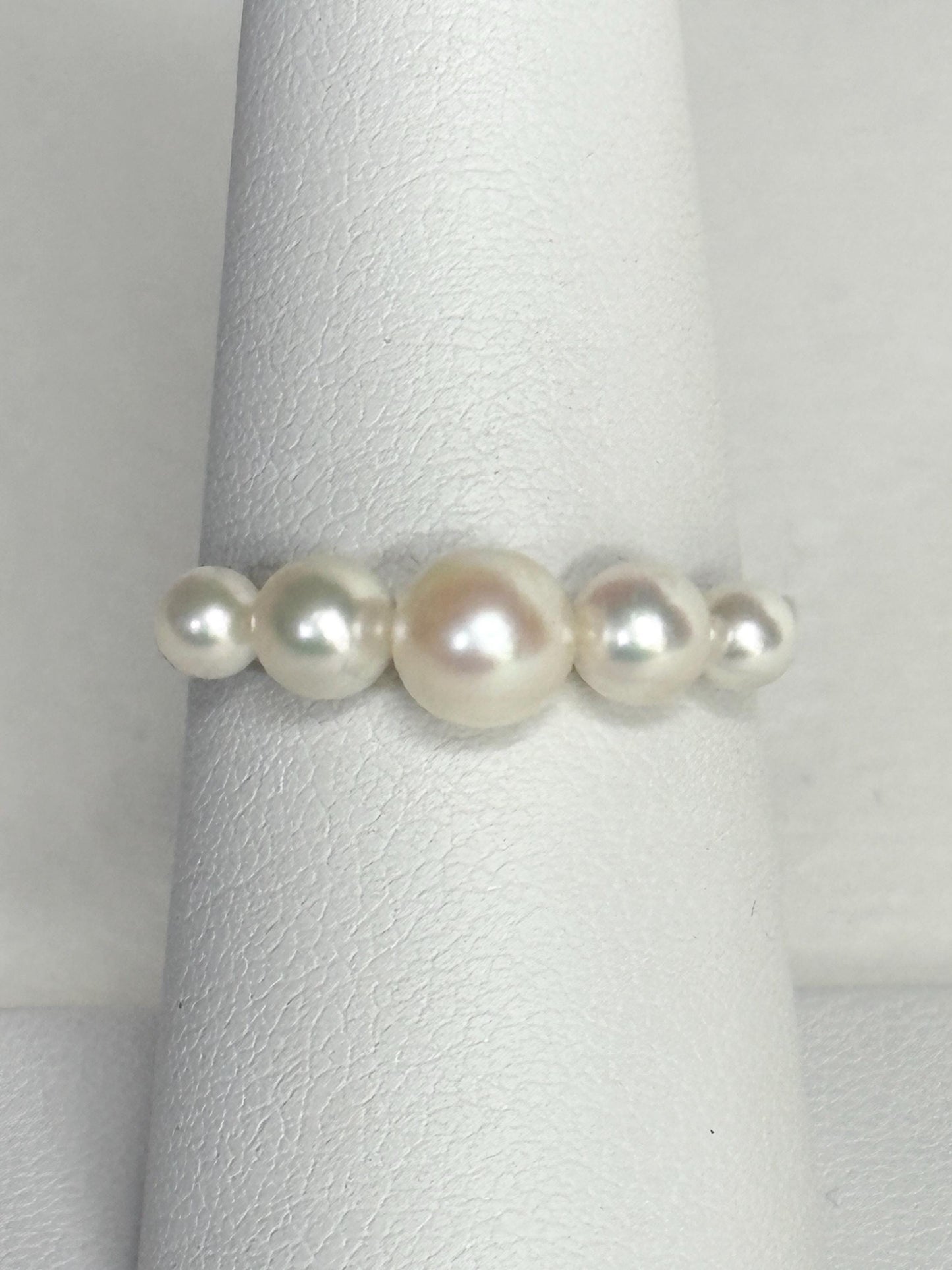 18k white gold ring with five Japanese Akoya cultured pearls.