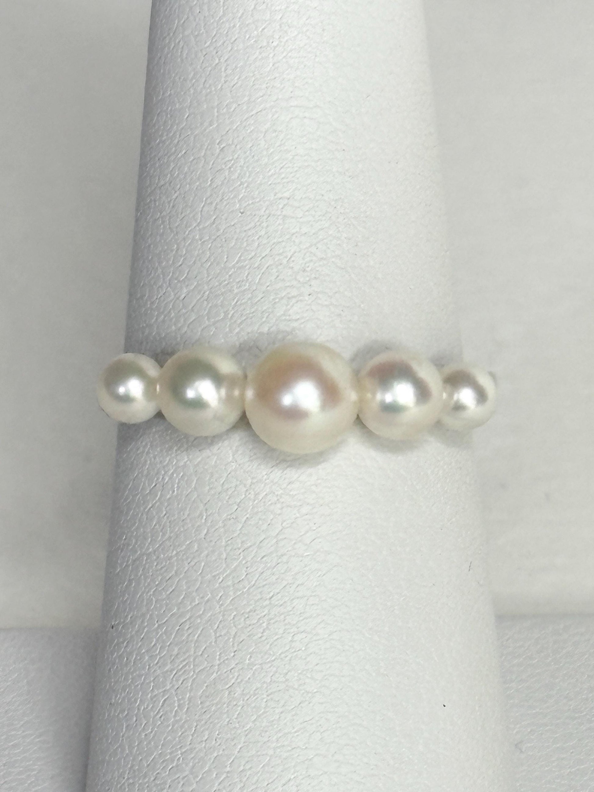 18k white gold ring with five Japanese Akoya cultured pearls.