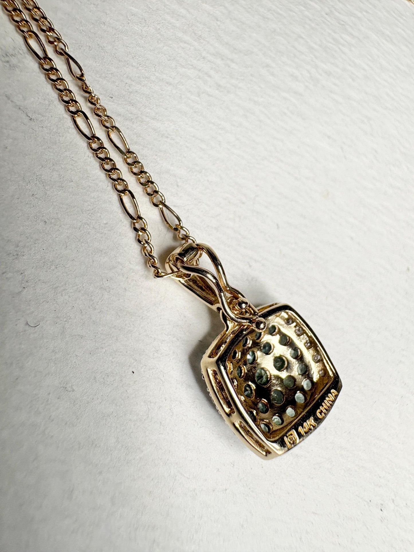 14k gold figaro necklace with a cushion cluster alexandrite and diamond pendant.