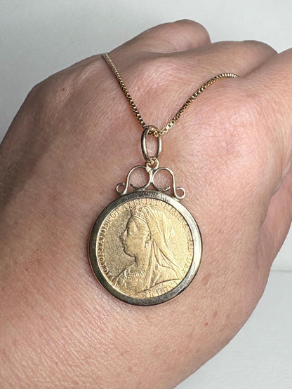 Gold coin pendant with Queen Victoria and a gold chain.