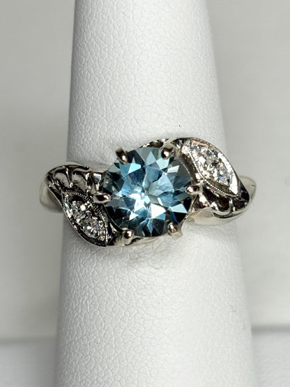 Vintage 14k white gold ring with blue topaz and diamonds.