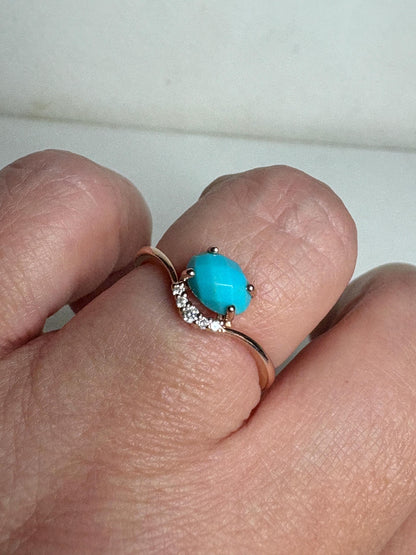 Arizona Sleeping Beauty turquoise and diamond ring in 10k rose gold.
