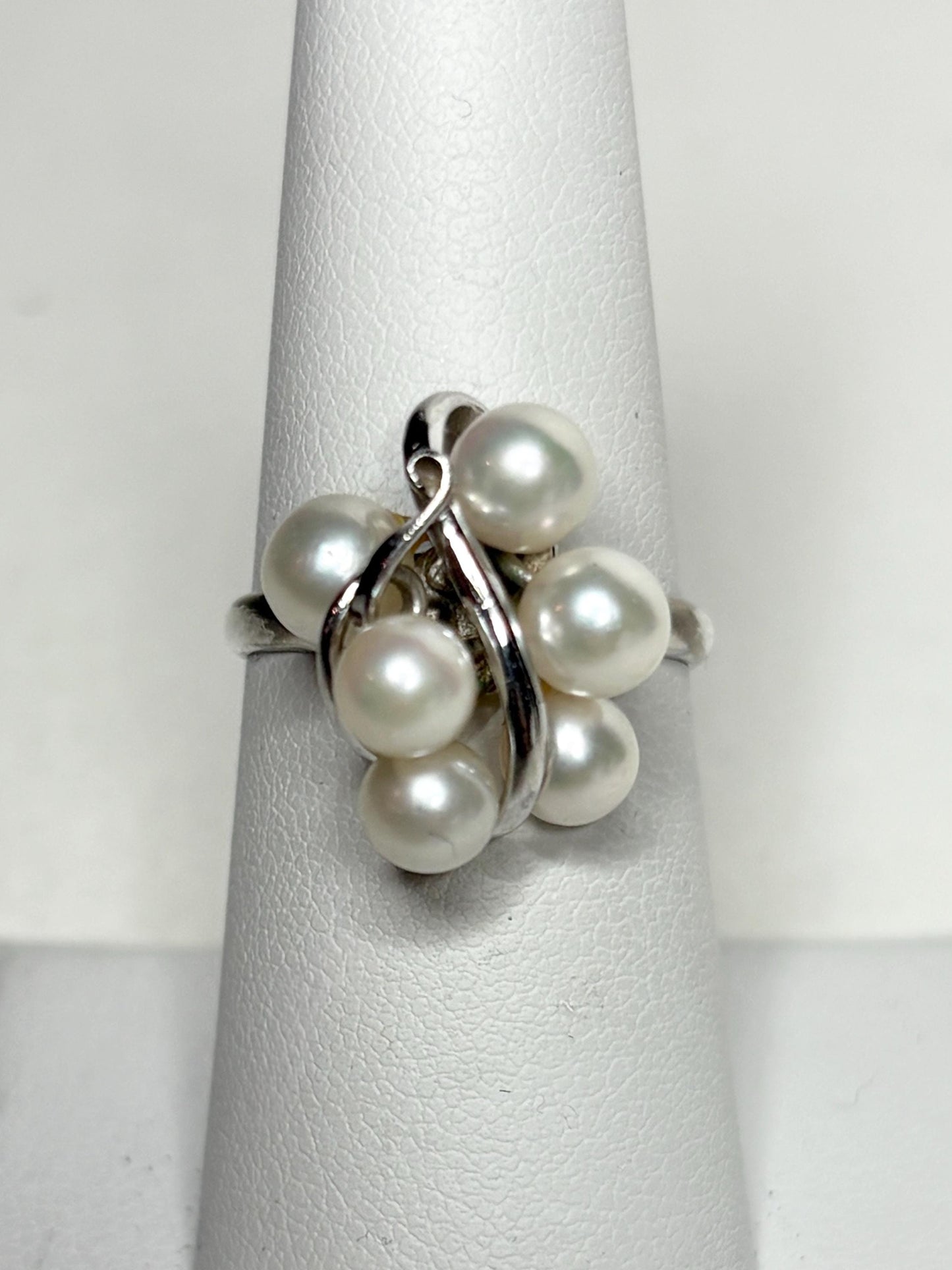 Sterling silver ring with a cluster of six Akoya cultured pearls.