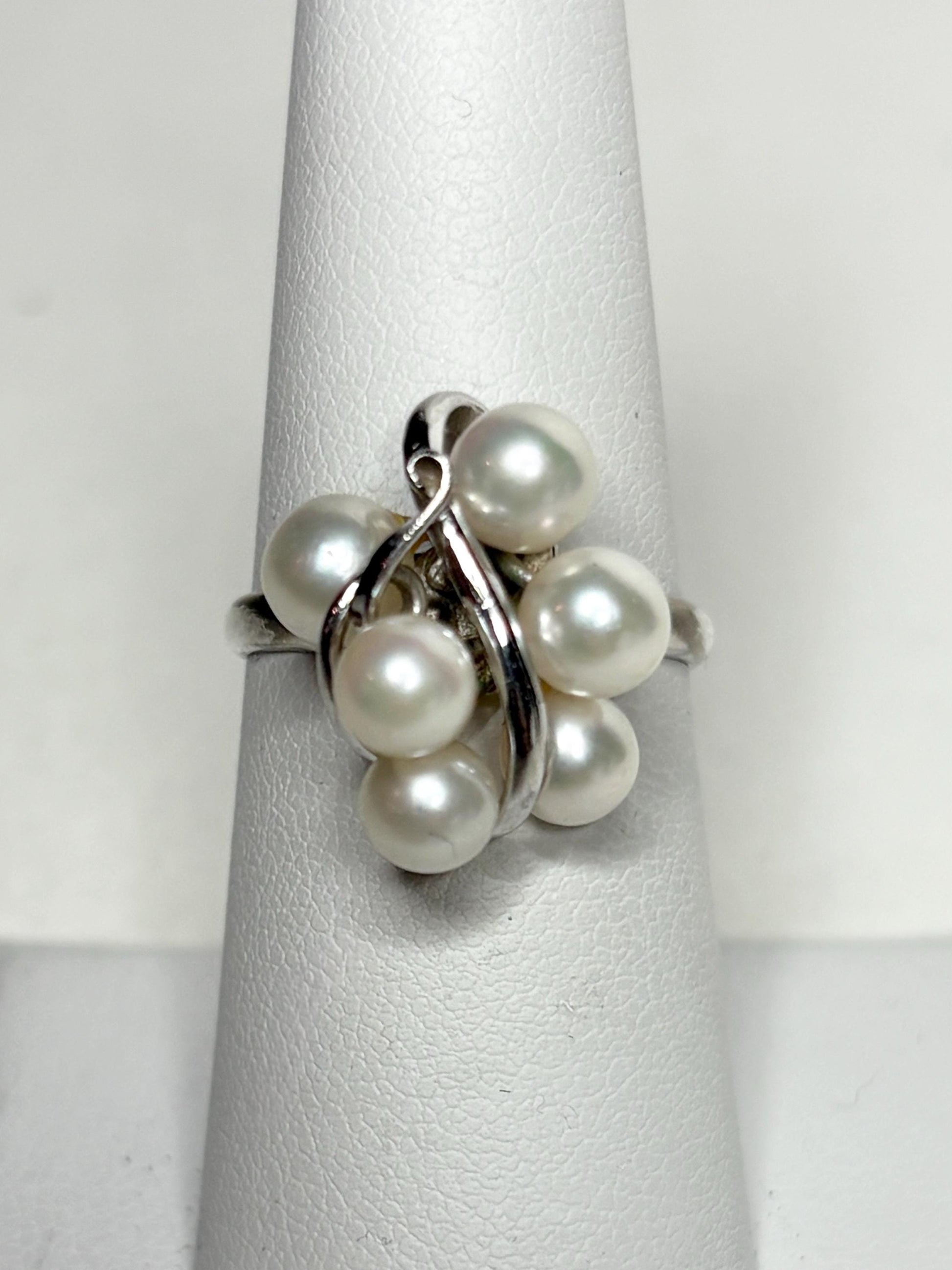 Sterling silver ring with a cluster of six Akoya cultured pearls.