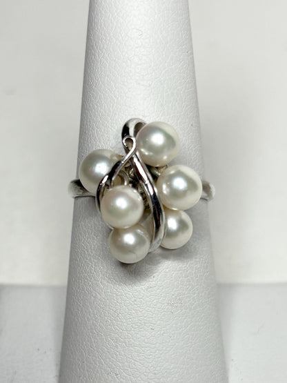 Sterling silver ring with a cluster of six Akoya cultured pearls.