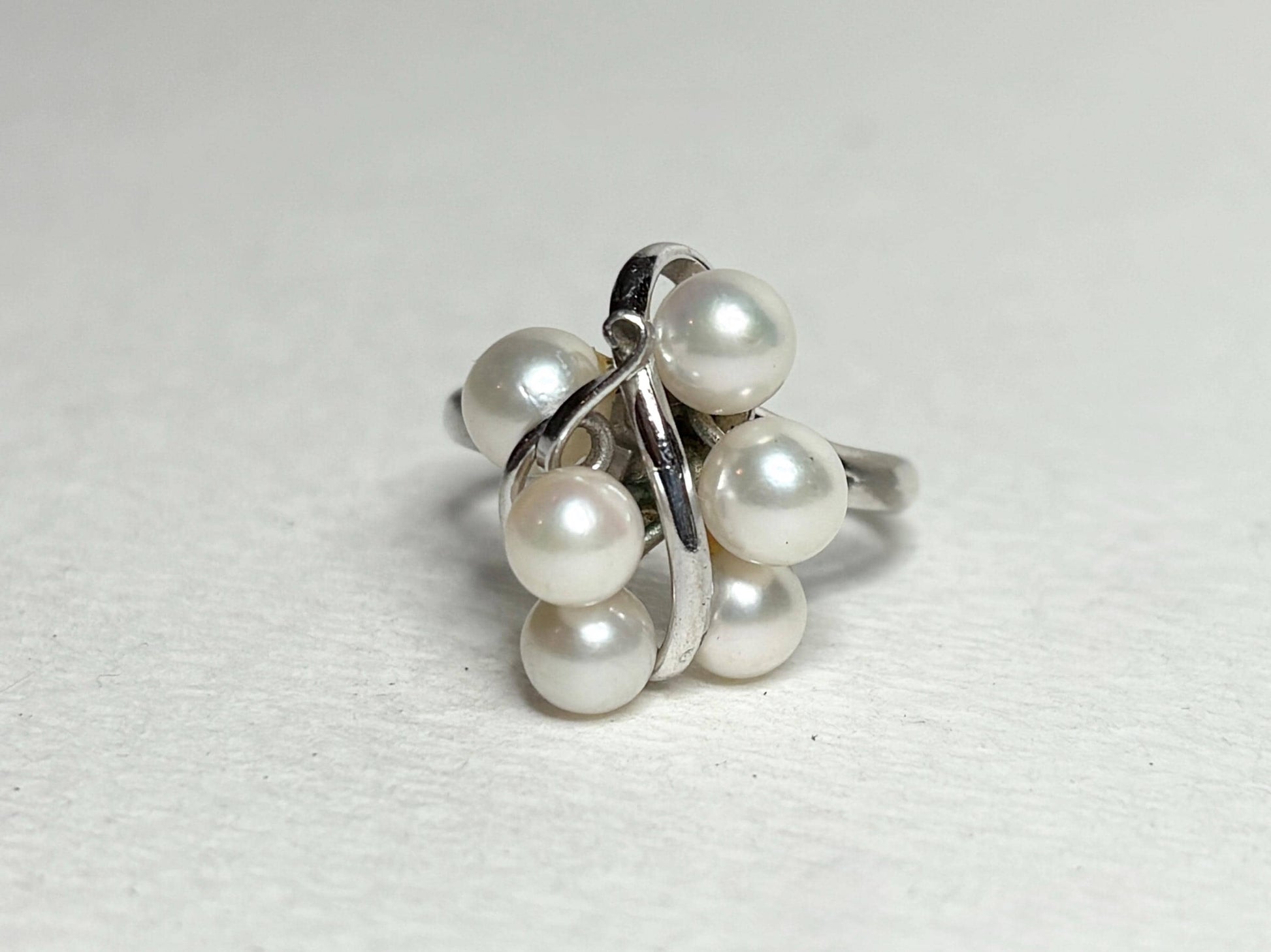 Retro sterling silver ring with six Akoya cultured pearls.