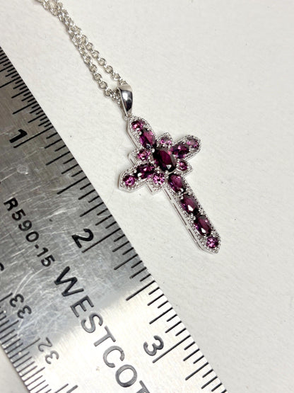 Sterling silver cross pendant necklace with rhodolite garnets.