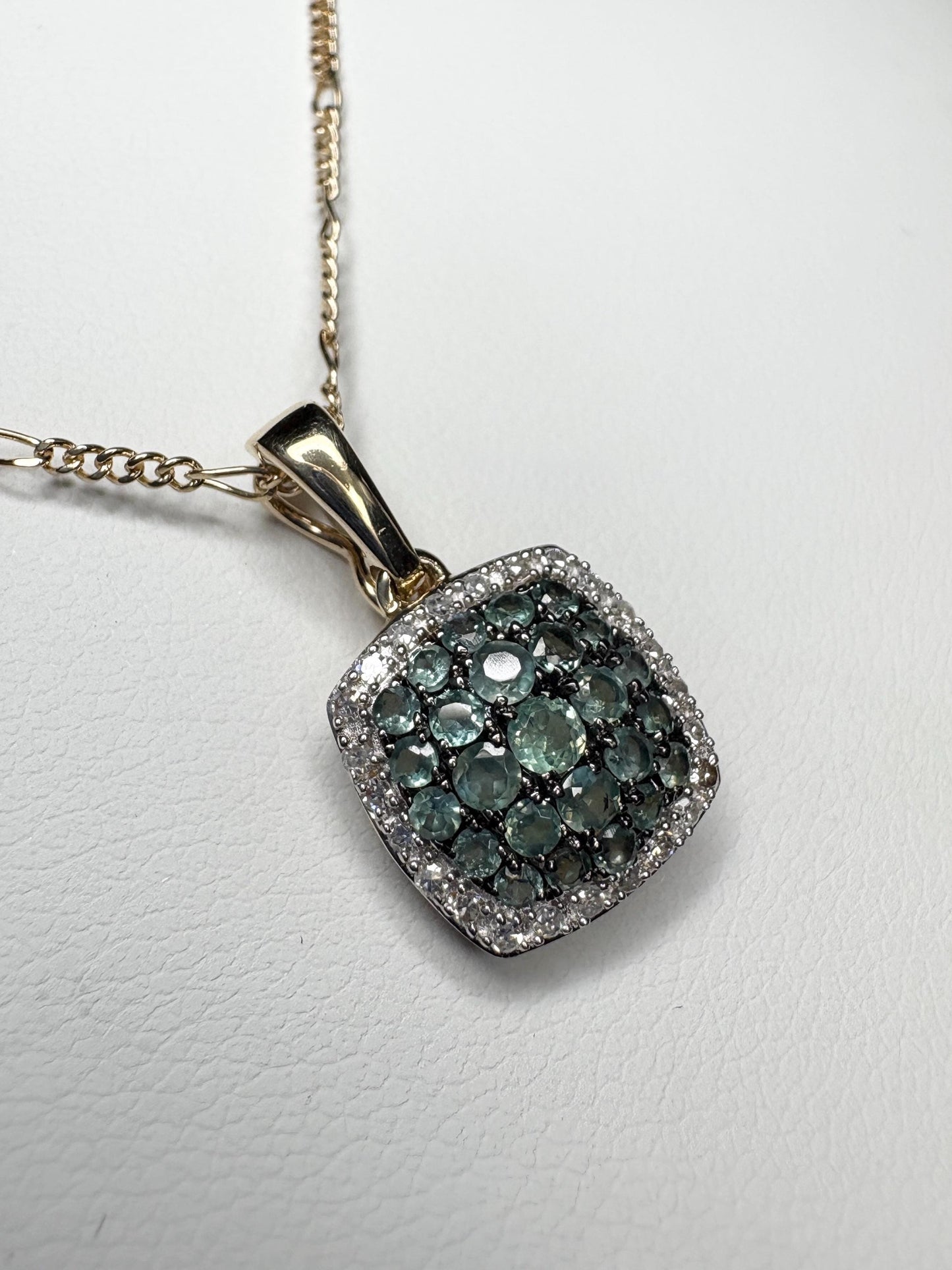 14k gold pendant necklace with alexandrite and diamond cushion cluster.