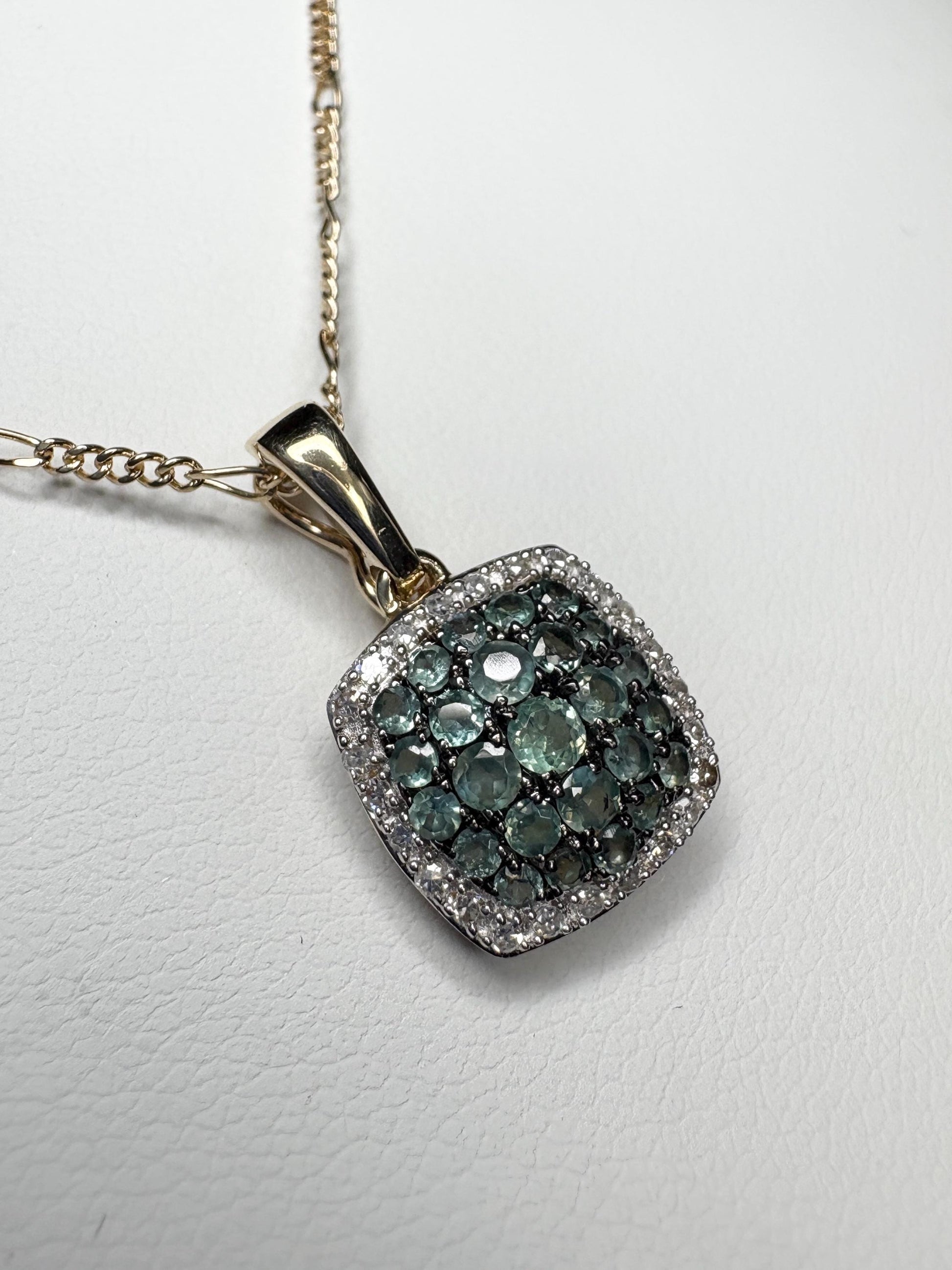14k gold pendant necklace with alexandrite and diamond cushion cluster.