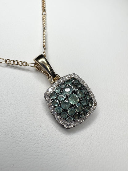 14k gold pendant necklace with alexandrite and diamond cushion cluster.
