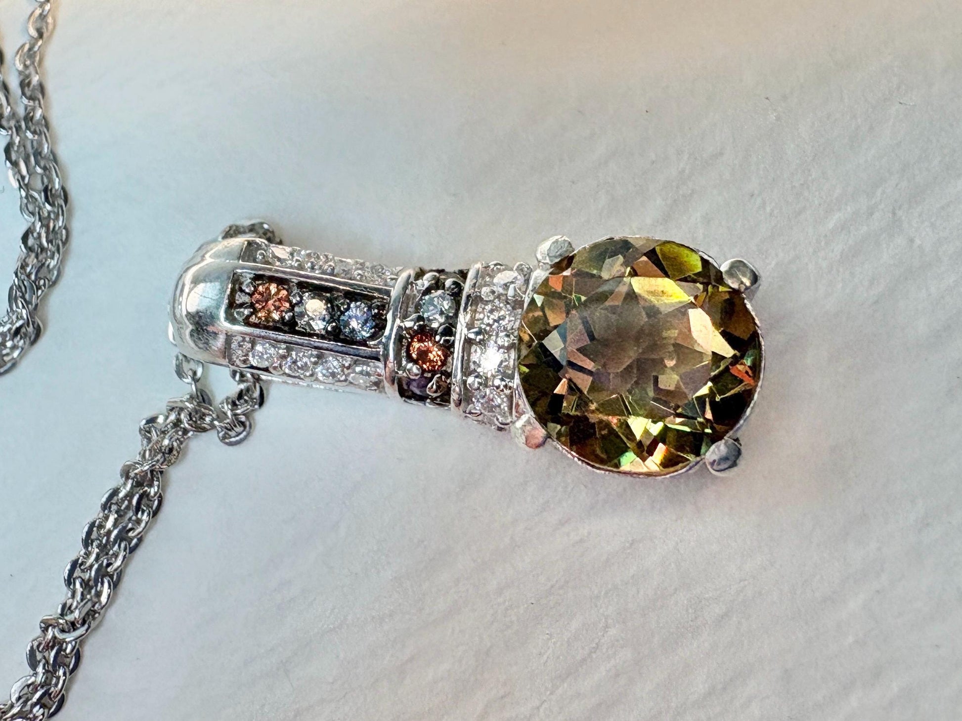 Sterling silver pendant necklace with simulated diaspore and colorful gemstone accents.
