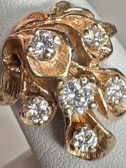 Mid Century 14k gold ring with cascading floral lilies and .75ctw diamonds.